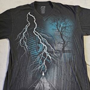 APT.9 Lightning Bolt Graphic Tee Women’s Large 12–14 Black Thunder Storm V-Neck